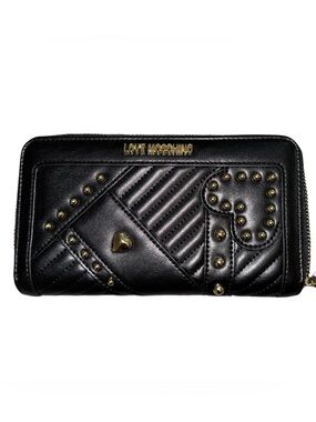 LOVE MOSCHINO BLACK QUILTED GOLD STUDS HEART
FULL ZIP WALLET NWT